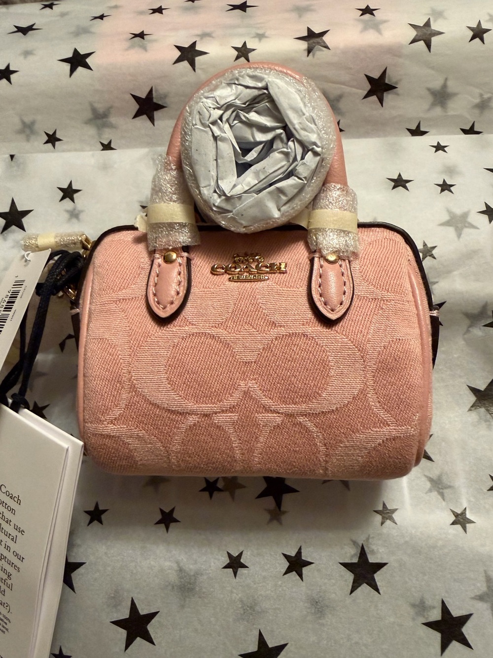 Coach Mini Rowan Bag Charm In Signature Denim CEU38 denim/Gold/Pink NWT